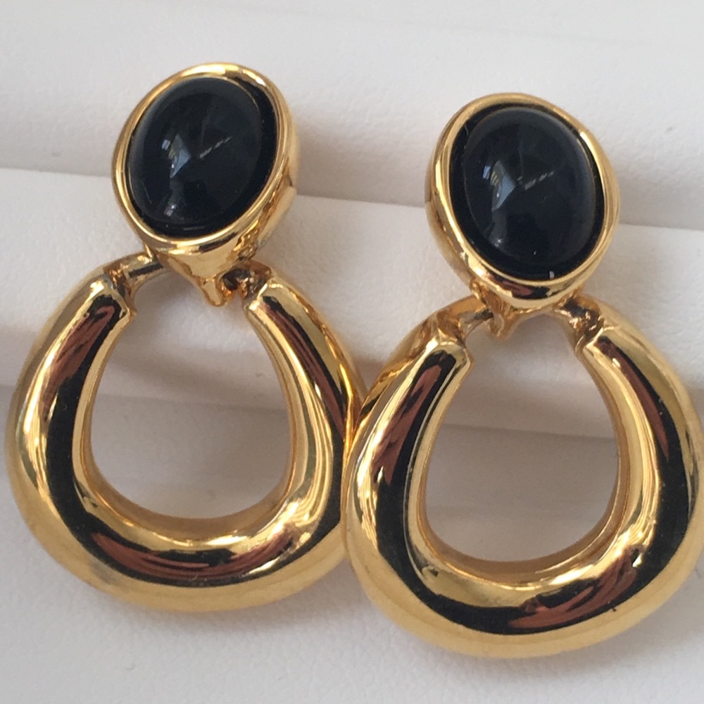 Anne Klein Gold Dangle Earrings w/ Black Stone